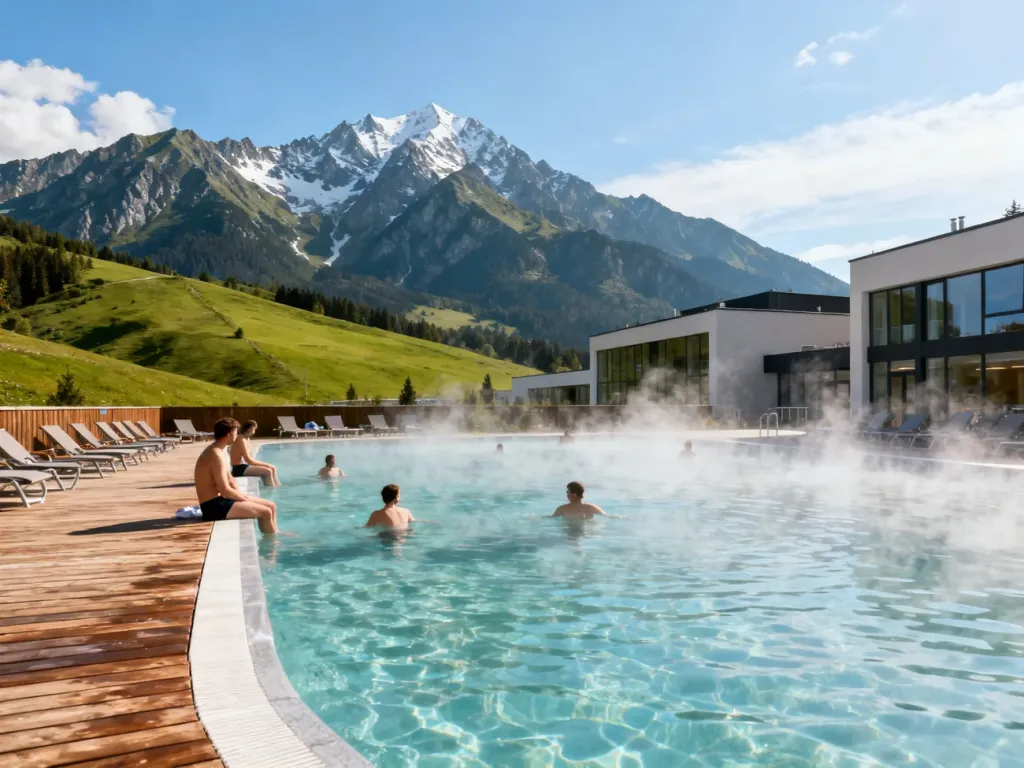 Słoneczne baseny Term Chochołowskich z widokiem na Tatry, zachęcające do relaksu w ciągu dnia i planowania idealnej pory wizyty.