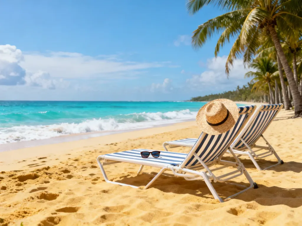 Puste leżaki na tropikalnej plaży w lutym, kapelusz i okulary na piasku, turkusowe morze idealne na zimowe wakacje