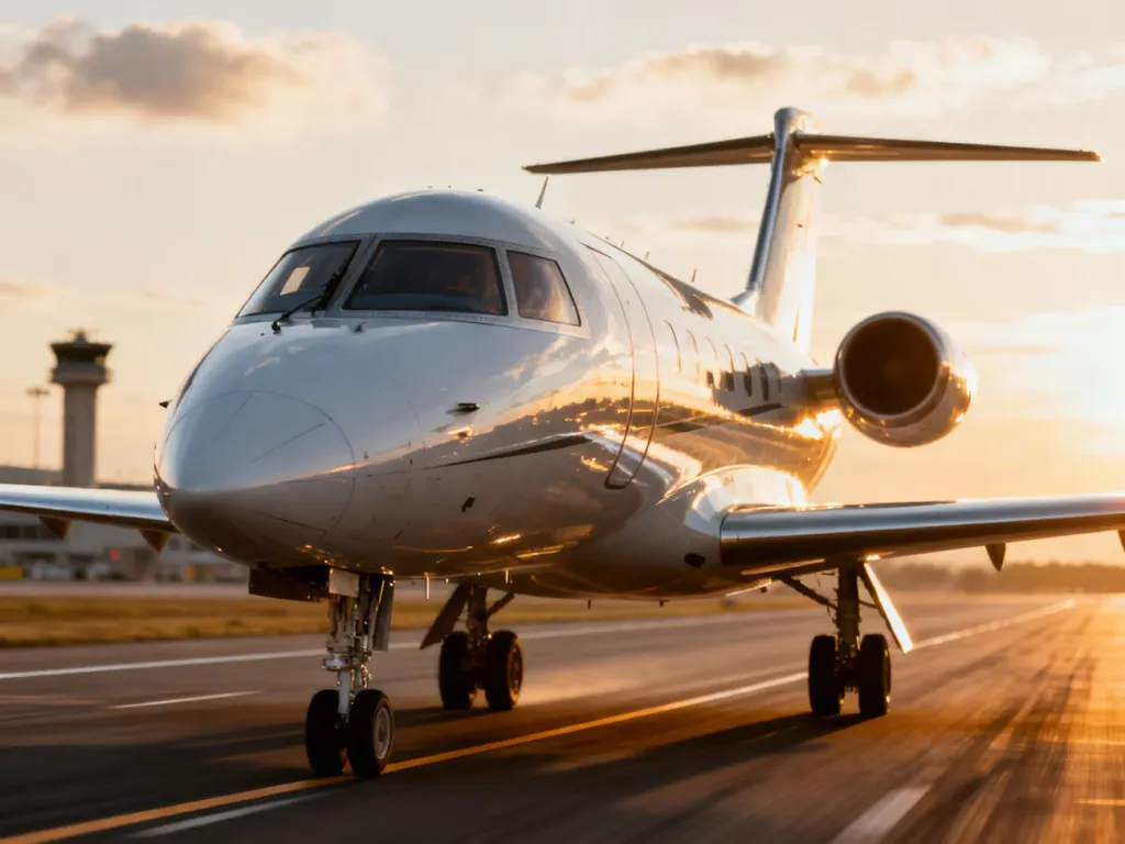 Nowoczesny odrzutowiec na pasie startowym w złotej godzinie, podkreślający prędkość, aerodynamikę i zaawansowaną technologię