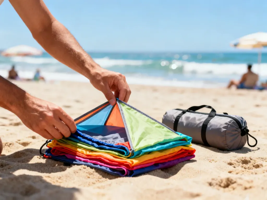 Dłonie składają mały namiot plażowy na piasku krok po kroku, obok leży pokrowiec, w tle słoneczna plaża i morze