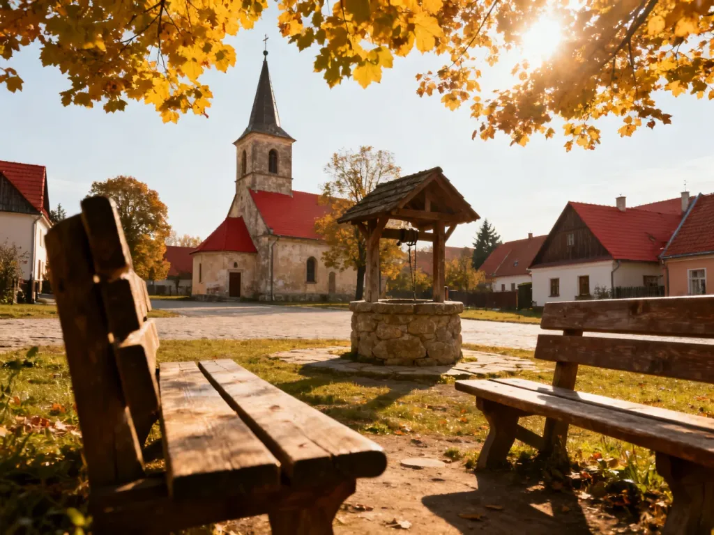 Sielski rynek polskiej wsi z kościółkiem i studnią, jesienne światło jak w serialowym Wilkowyjach z „Rancza”